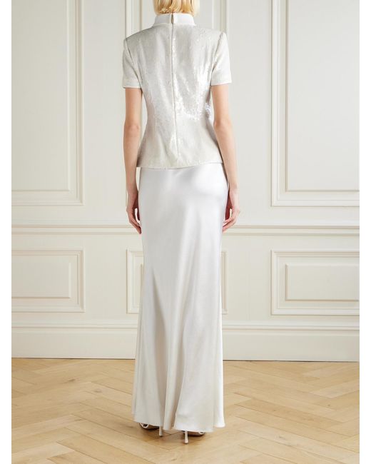 Self-Portrait White Embellished Satin Maxi Dress