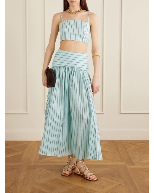 Staud Blue Procida Pleated Striped Cotton-Blend Poplin Midi Skirt