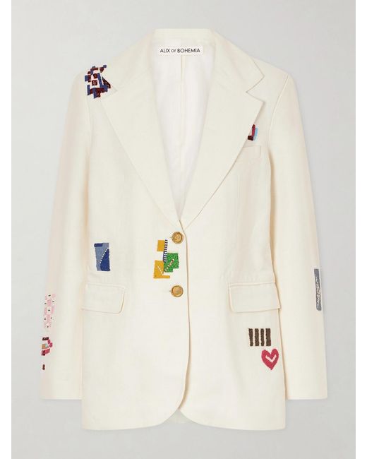 Alix Of Bohemia Natural Afternoon Abstract Tile Bead-Embellished Silk Blazer