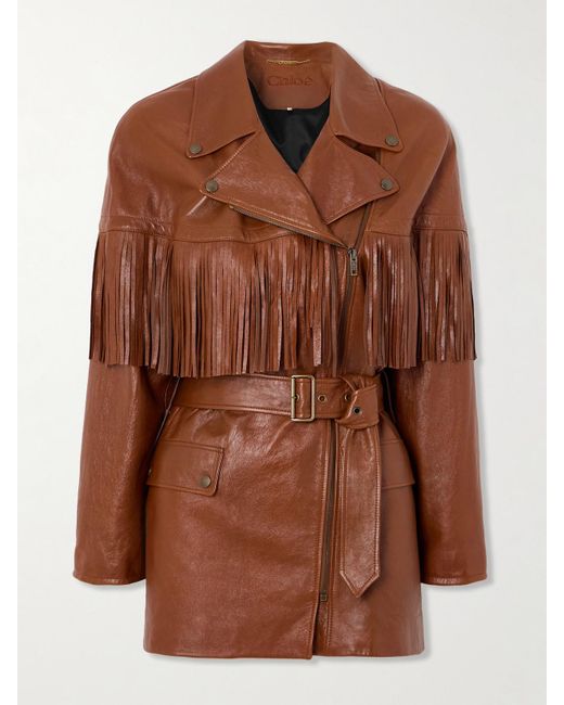 Chloé Brown Belted Fringed Leather Jacket