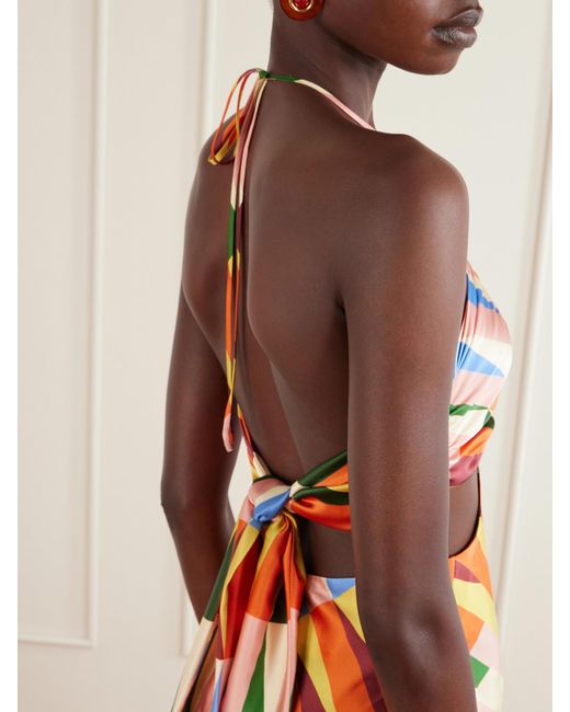 Christiano Marchelli White Caterina Printed Silk-Blend Satin Halterneck Maxi Dress