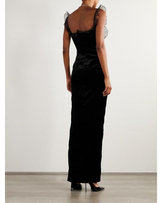 Alessandra Rich Black Bow-Embellished Lace And Silk-Trimmed Velvet Gown