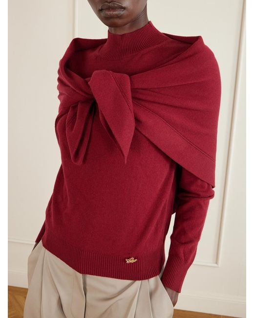Oscar de la Renta Red Scarf-Detailed Cashmere Sweater