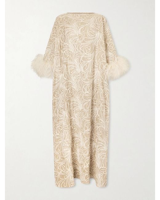 ‎Dima Ayad Natural Feather-Trimmed Embroidered Crepe Gown
