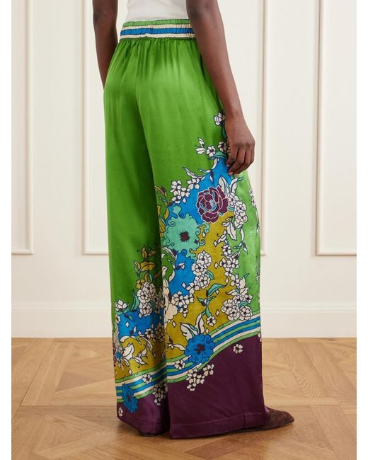 ALÉMAIS Green Nanci Floral-Print Silk-Satn Wide-Leg Pants