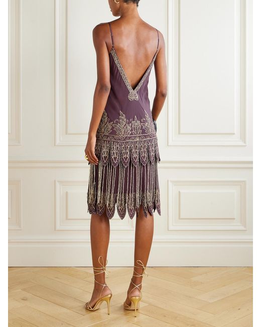 Bode Purple Epoque Fringed Embroidered Embellished Silk-Crepe Midi Dress
