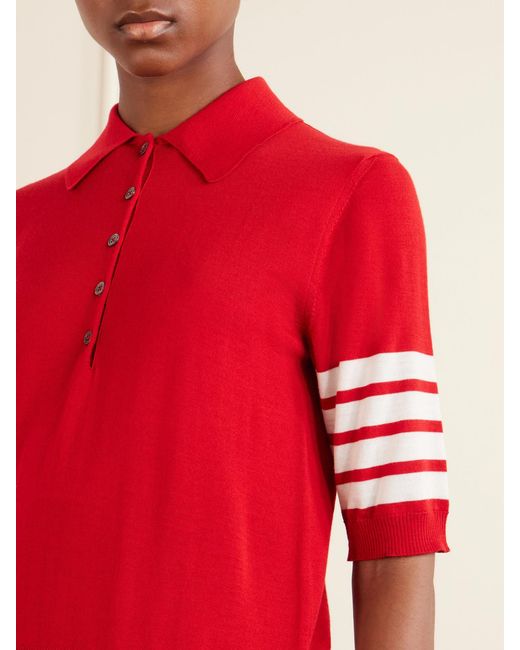 Thom Browne Red Grosgrain-Trimmed Striped Wool Polo Shirt