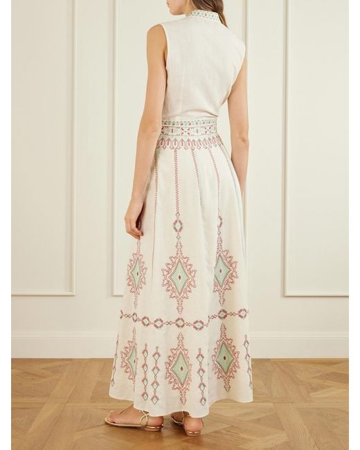 Emporio Sirenuse Natural Camille Embroidered Linen And Cotton-Blend Midi Skirt