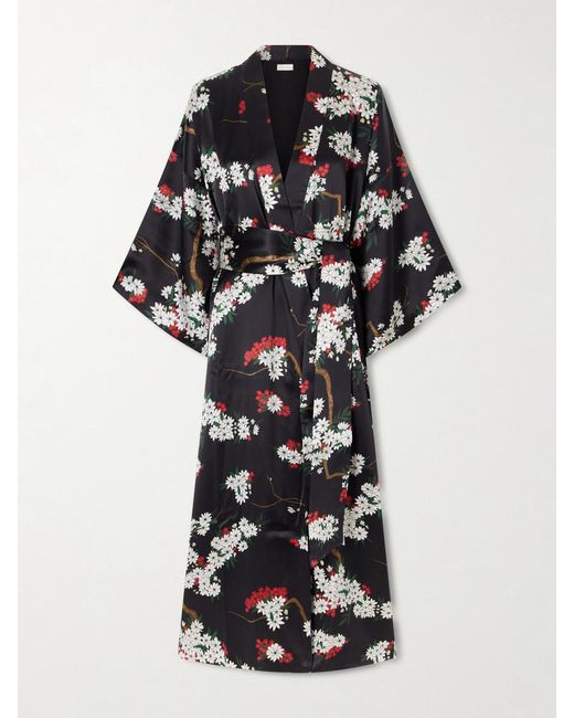 Olivia Von Halle Black Queenie Belted Floral-Printed Silk-Satin Robe
