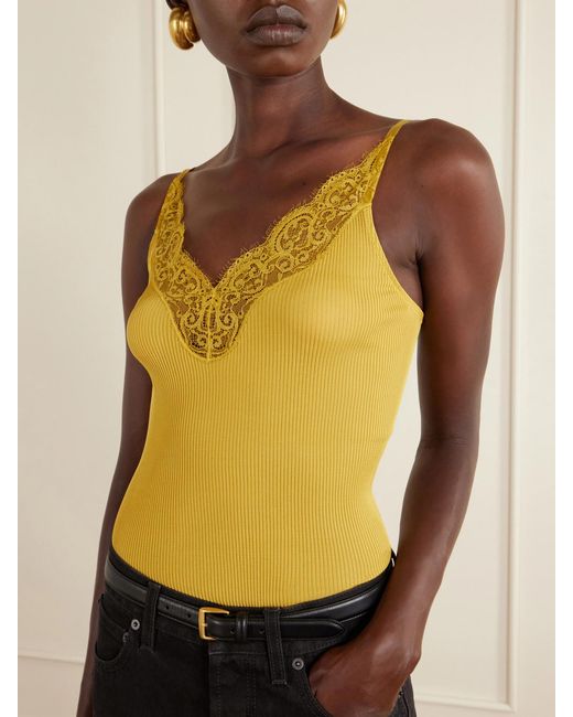 Saint Laurent Yellow Lace-Trimmed Ribbed Silk-Jersey Tank