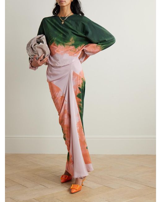 Dries Van Noten Pink Draped Printed Silk-Georgette Maxi Skirt