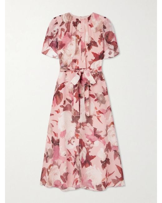 Erdem Pink Belted Gathered Floral-Print Silk-Voile Midi Dress