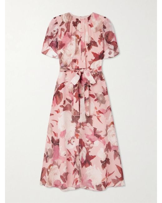 Erdem Pink Midikleid Aus Seiden-Voile Mit Blumenprint, Raffungen Und Bindegürtel