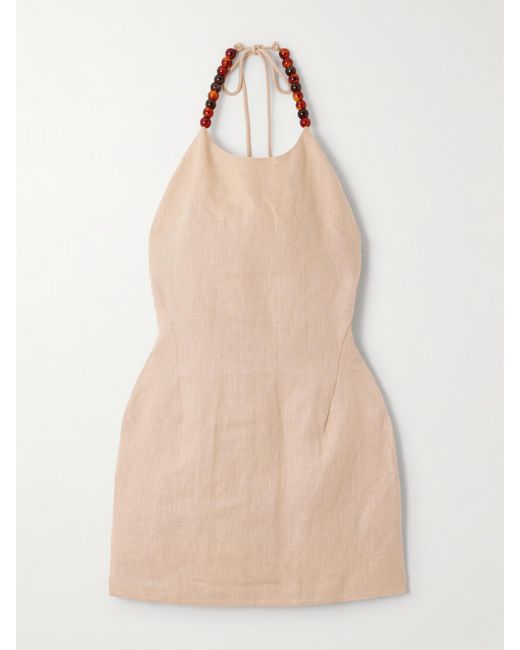 Sir Natural Moretti Bead-Embellished Linen Halterneck Mini Dress