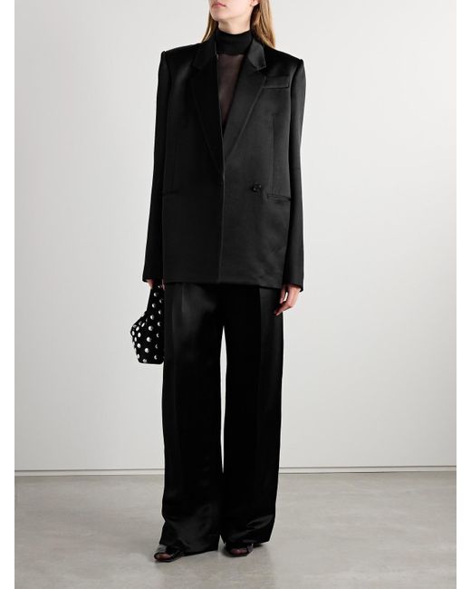 Khaite Black Marinta Satin-Trimmed Pleated Crepe Wide-Leg Pants