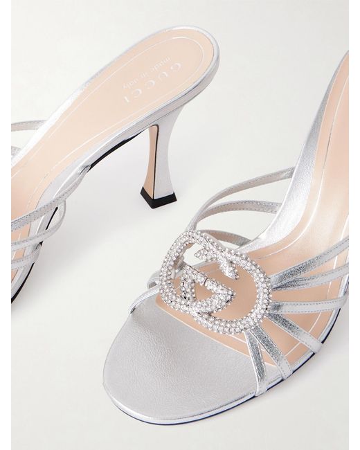 Gucci White Crystal-Embellished Metallic Leather Sandals