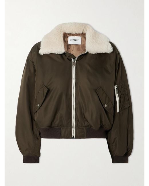Re/done Black Cropped Padded Faux Fur-Trimmed Shell Bomber Jacket