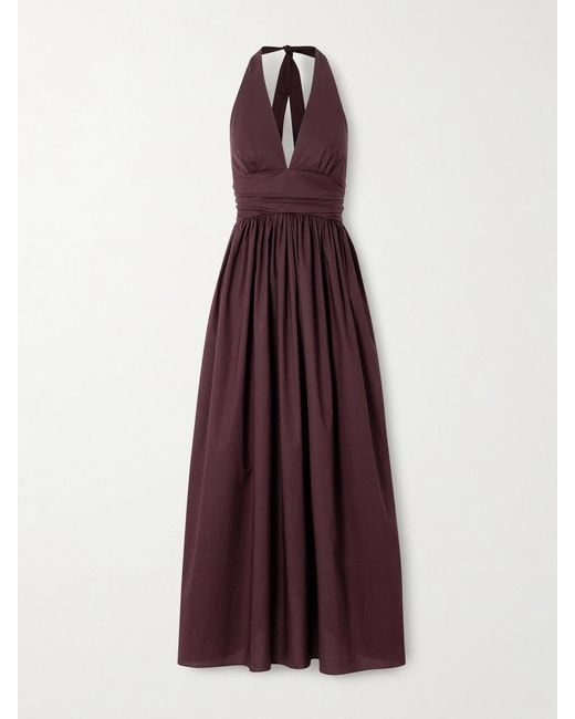 Matteau Purple Gathered Organic Cotton-Poplin Halterneck Maxi Dress
