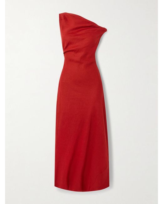 Faithfull The Brand Red Suis Off-The-Shoulder Draped Linen Midi Dress