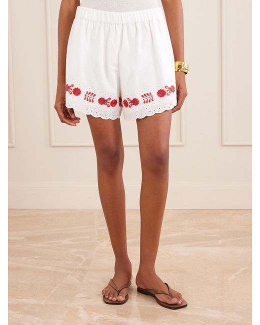 Sea White Catharina Embroidered Cotton And Linen Shorts