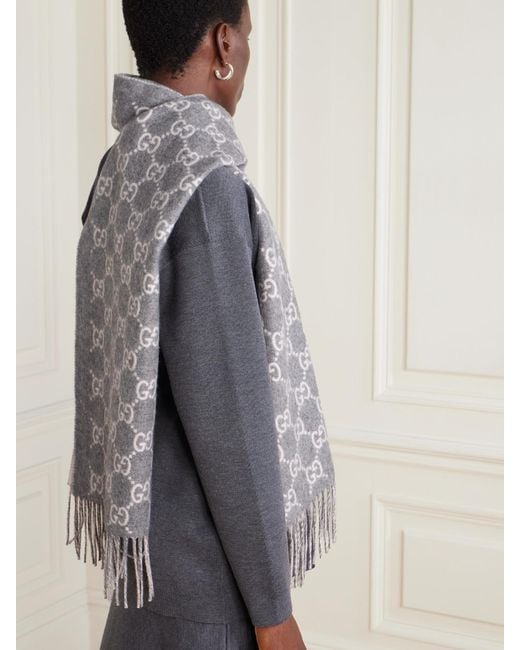 Gucci White Fringed Jacquard-Knit Cashmere Scarf
