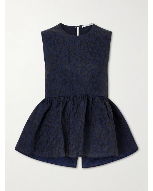 CECILIE BAHNSEN Blue Margueritte Embroidered Cotton-Blend Cloqué Peplum Top