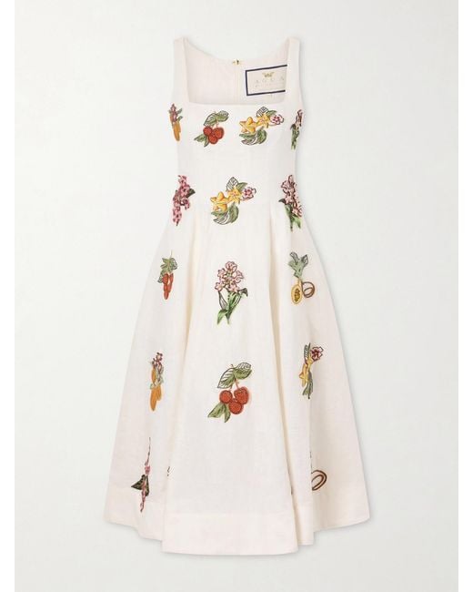Agua Bendita Natural Frontera Embellished Floral-Appliqué Linen Midi Dress