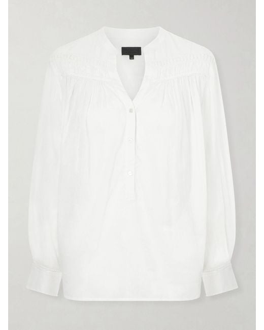 Nili Lotan White Clarys Embroidered Gathered Cotton-Voile Blouse