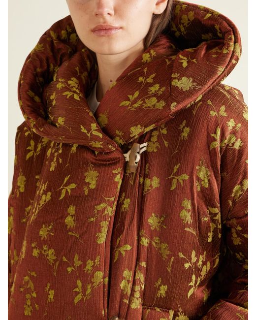 Dries Van Noten Brown Hooded Padded Floral-Jacquard Jacket