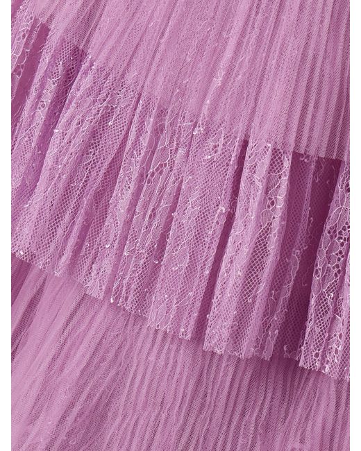 Costarellos Purple Trissa Strapless Tiered Plissé-Tulle And Chantilly Lace Gown