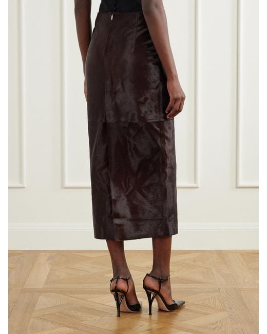 Nour Hammour Brown Elyse Paneled Calf Hair Midi Skirt