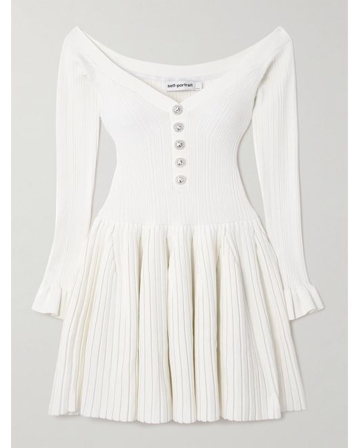 Self-Portrait Natural Off-The-Shoulder Pleated Ribbed-Knit Mini Dress