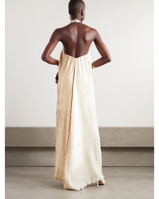 Dima Ayad White Knotted Plissé-Satin Halterneck Maxi Dress
