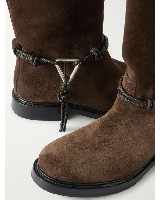 Bottega Veneta Brown James Intrecciato Leather-Trimmed Suede Knee Boots