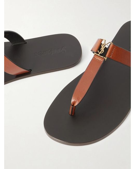 Saint Laurent Brown Cassandra Embellished Leather Thong Sandals