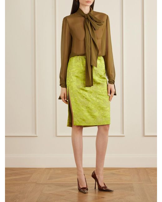 Saint Laurent Yellow Floral-Brocade Midi Skirt