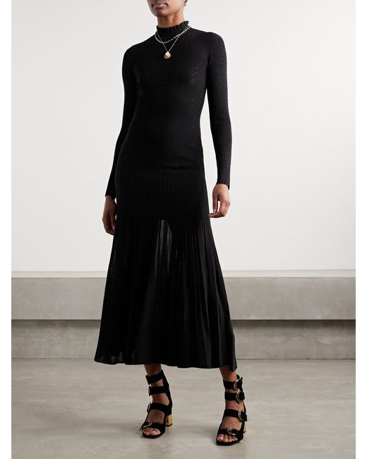 Isabel Marant Black Gisole Paneled Pointelle-Knit Turtleneck Maxi Dress