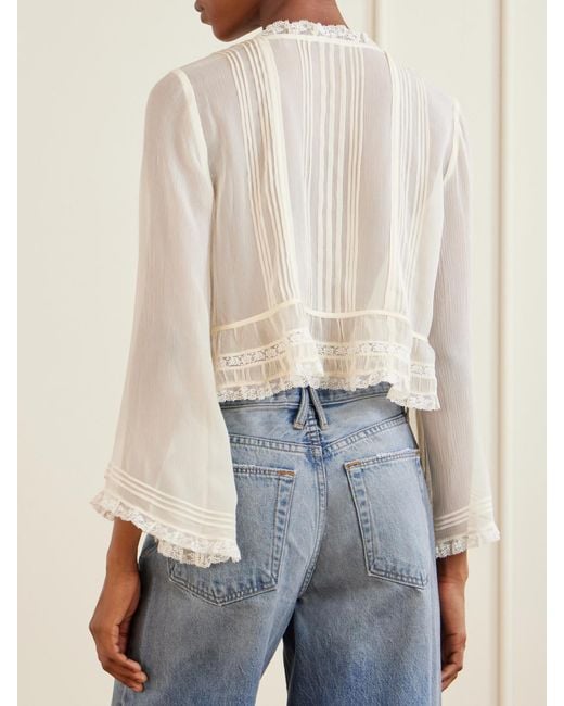 Doen White Lace-Trimmed Silk-Chiffon Shirt