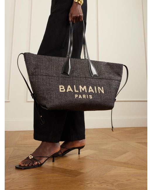 Balmain Black Track Leather-Trimmed Raffia Tote