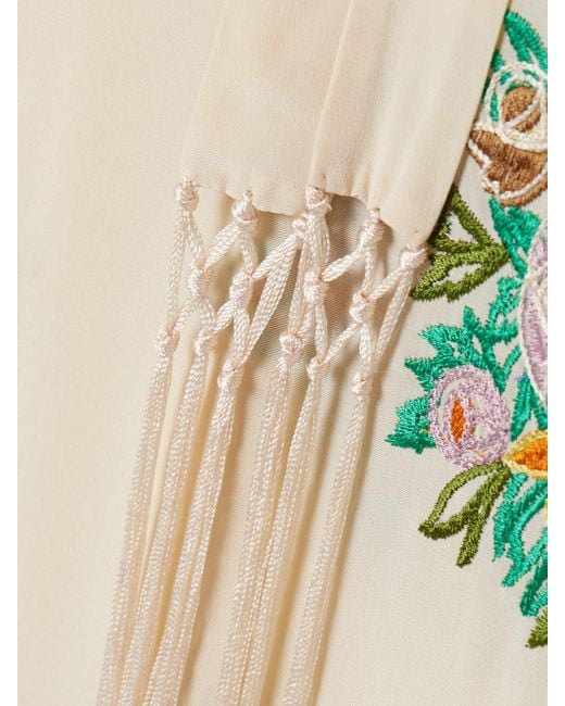 Bode Natural Fringed Embroidered Silk Crepe De Chine Midi Dress