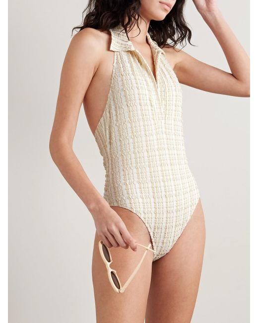 Lisa Marie Fernandez White Polo Striped Seersucker Halterneck Swimsuit
