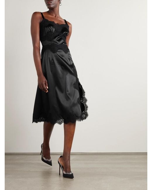 Dolce & Gabbana Black Midikleid Aus Satin Mit Spitzenbesätzen