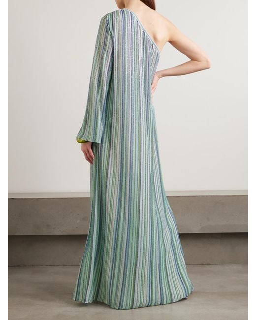 Missoni Blue One-Shoulder Sequin-Trimmed Striped Crochet-Knit Maxi Dress