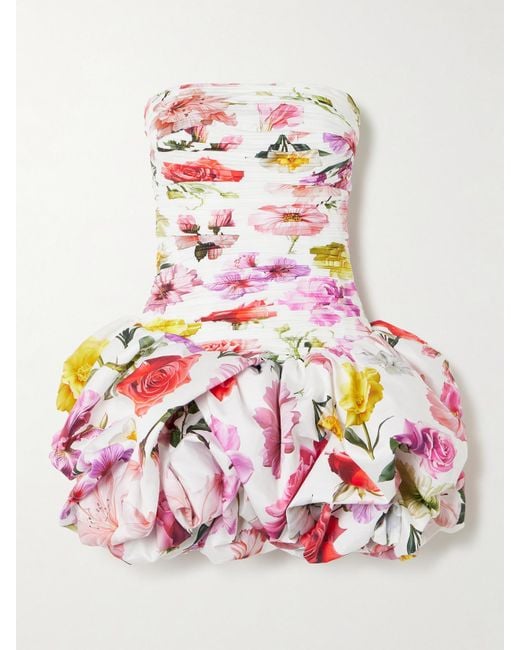Aje. Pink Violette Strapless Ruched Floral-Print Cotton Mini Dress