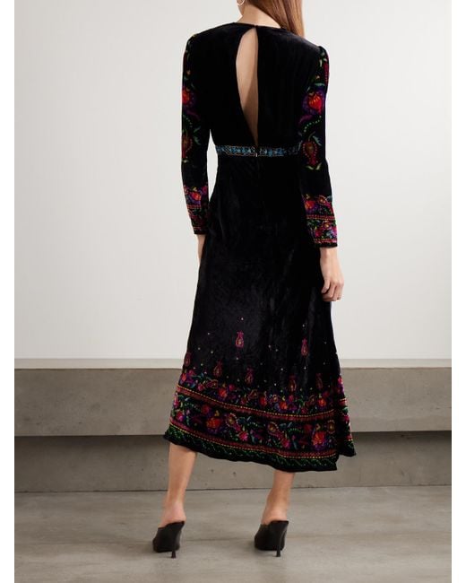 Saloni Black Claudia Twisted Embellished Printed Velvet Midi Dress