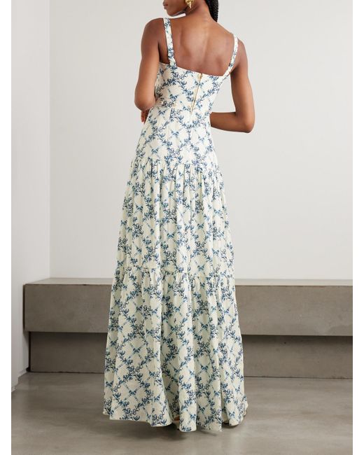 Agua Bendita White Lima Gloriosa Tiered Faux Pearl-Embellished Printed Linen Maxi Dress