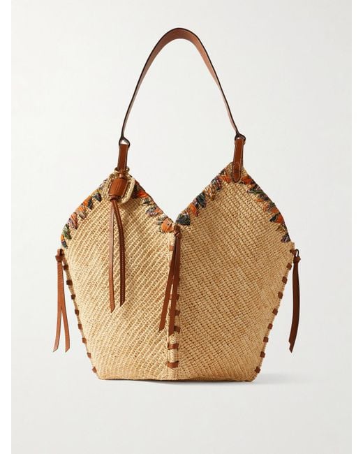 Isabel Marant Natural Tampa Whipstitched Leather And Printed Silk-Trimmed Raffia Shoulder Bag