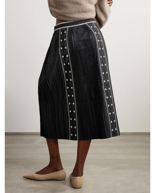 Ulla Johnson Black Sabina Pleated Embroidered Cotton-Poplin Midi Skirt