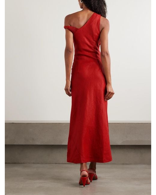 Faithfull The Brand Red Suis Off-The-Shoulder Draped Linen Midi Dress