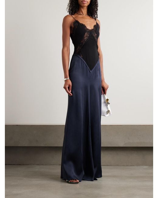 Victoria Beckham Blue Robe Aus Crêpe Und Glänzendem Crêpe Mit Spitzenbesätzen